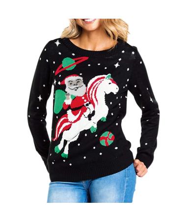 Genetic women Christmas sweater knitting sweaters Christmas sweater Christmas motif elk snowflakes print knitted top sweater sweatshirt sweater sweater sweater women knitting sweater black-t xl