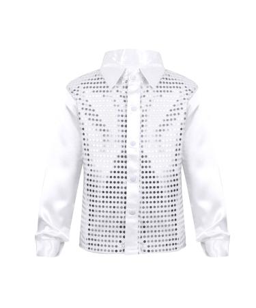 YONGHS Kids Boys Sparkly Sequins Hip Hop Performance Shirts Glittery Sequined Long Sleeve Spread Collar Dancewear White 5-6