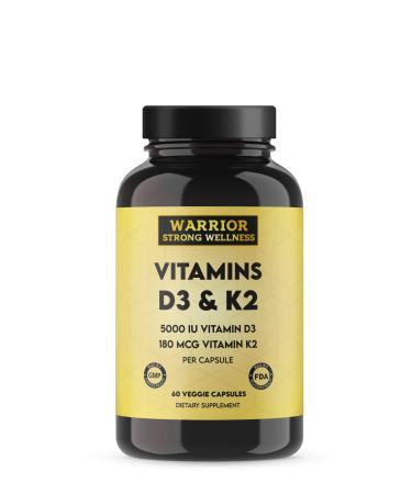Warrior Strong Wellness Vitamin D3 and K2 Supplement - 5000IU Vitamin D3 and 180MCG Vitamin K2 Supplement - Immune, Heart Health - 2 Month-Supply, 60 Veggie Capsules