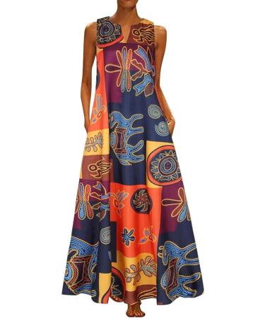 Women's Plus Size Vintage Graphic Print Maxi Dress | Sleeveless Beach Long Dress with Pockets | 3X-Large | Yellow - Buy Online on GoSupps.com