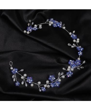 Blue Flower Rhinestone Wedding Headband | Handmade Pearl Bridal Hair Accessory - Buy Online on GoSupps.com