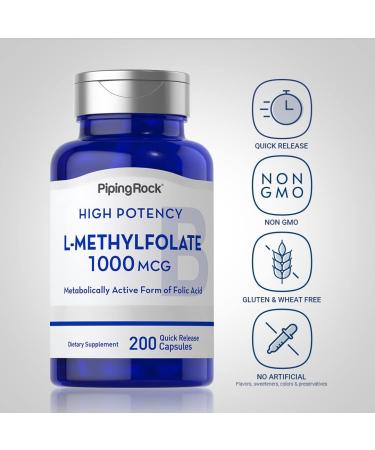 Piping Rock L Methylfolate Supplement | 1000 mcg | 200 Capsules | Active Form of Folic Acid | Non-GMO Gluten Free - Buy Online on GoSupps.com
