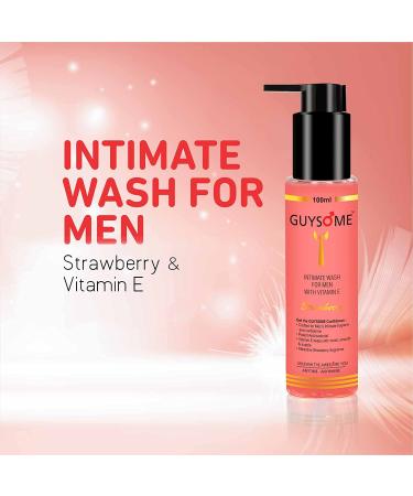 GUYSOME Men's Intimate Wash 3.38 FL Oz - pH Balanced for Sensitive Skin with Vitamin E & Sea Buckthorn - Daily Hygiene and Genital Care - Strawberry Scent - Buy Online on GoSupps.com