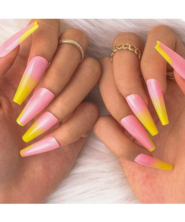 Sethexy Long Shiny Ballerina False Fingernails - French Coffin Acrylic Nail Tips (24pcs) - Yellow Complete Cover Press On Nails with Glue for Women & Girls - Buy Online on GoSupps.com