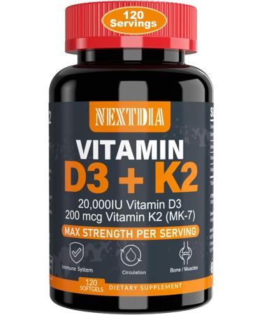 Nextdia Vitamin D3 20 000 IU + Vitamin K2 MK7 200mcg - 120 Count (Pack of 1)