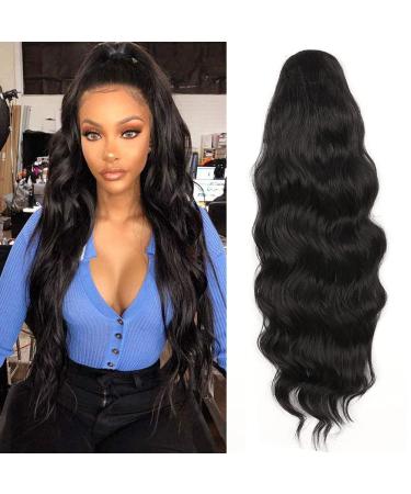 YEESHEDO Long Wavy Ponytail Hair Extension for Black Women Drawstring Ponytail Hair Extensions Clip in Black Curly Synthetic Hairpiece Black Drawstring
