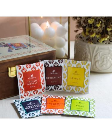 Octavius Elephant Printed Wooden Caddy Tea Sampler Pack | 90 Double Chamber Tea Bags | 3 Black & 3 Green Tea Assortment | Tea Lover's Variety Pack - Buy Online on GoSupps.com