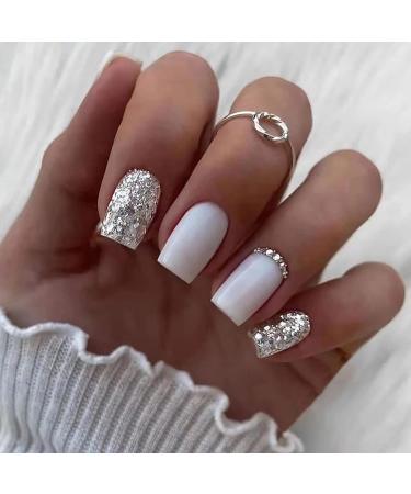 Square Fake Nails White Press on Nails Short Acrylic Artificial Glue on Nails False Nails with Silvery Glitter Designs Full Cover Stick on Nails for Women and Girls 24Pcs style1