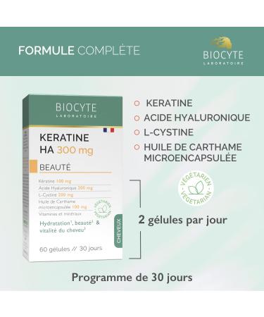 BIOCYTE Keratine HA 300 mg - Hydration and Vitality Hair Supplement - Based on Keratin Hyaluronic Acid Safflower Oil Vitamins - 60 Capsules - 30 Day Program - Buy Online on GoSupps.com