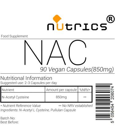 Nutrics NAC N Acetyl Cysteine 850mg V Capsules - 4 Months Supply - Vegan Vegetarian Halal & Kosher - 360 Count - Buy Online on GoSupps.com