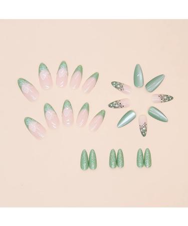 Green Press on Nails - Medium Almond Shape | Butterfly & Flower Design | Pink Glossy Ombre Fake Nails for Women | Trendy Press Ons - Buy Online on GoSupps.com
