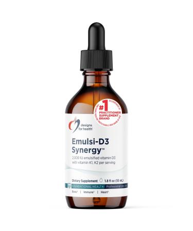 Designs for Health Emulsi-D3 Synergy 2000 IU Vitamin D Liquid with Vitamin K - Emulsified Liquid D3 K2 Drops for Immune System Support & Bone Health - Gluten-Free + Non-GMO (55 Servings / 1.8oz) Standard Packaging