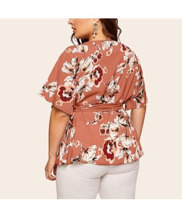 Women's Plus Size Pink V-Neck Wrap Blouse with Waist Belt - Casual Short Sleeve Tee for Large Sizes - Buy Online on GoSupps.com