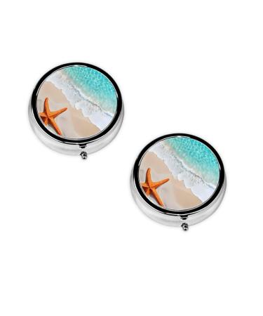 (Beach Starfish) Round Pill Box 3 Compartment Pill Box Mini Decorative Pocket Purse Portable Travel Medicine Tablet Vitamin Holder Organizer Pill Case