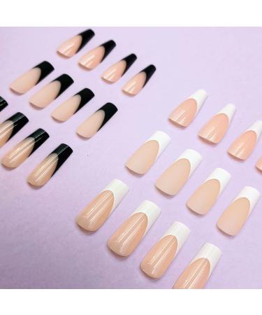 (144PCS) Press On Nails Long French Fake Nails Long Square and Long Coffin Acrylic White French Tip Press On Nails and Black French Tip Press Ons Nails for Women Long French Tip Fake Nails