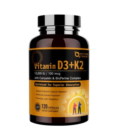 NATURE TARGET Vitamin D3 K2 High-Potency 10 000 IU D3 100 mcg K2(MK-7) Supplement with MCT Most Absorbable Synergy Formula Supports Bone Calcium & Immune Health 120 Capsules 120 Count (Pack of 1)