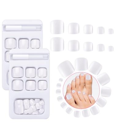 48 Pieces False Toe Nails Square Short Fake Toenails Acrylic Full Cover Short Toenails Press on Artificial Toe Nail Tips with 2 Pieces Nail Glue for Women Girls Nail Art (White)