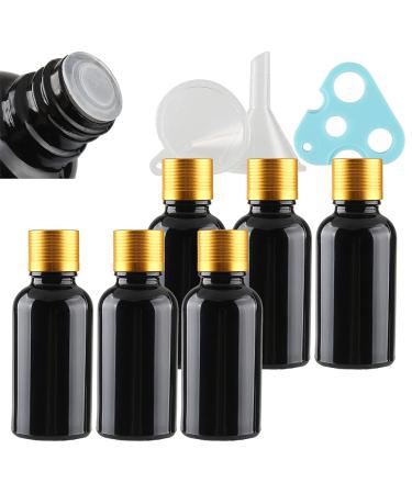 Tianzd 6 pieces empty small 30 ml gloss black glass bottles with sealed stopper gold aluminum screw cap glass bottle flasher oil fragrance perfume massage aromatherapy gold 30ml