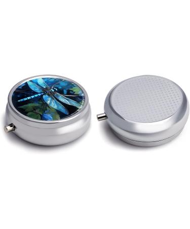Blue Dragonfly Print Round Pill Box - 3 Compartment Decorative Metal Portable Pill Organizer for Medicine - Ideal for Travel - Buy Online on GoSupps.com