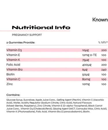Pregnancy Vitamin Gummies for Women with 400mcg Folic Acid by Known | 60 Two-a-Day Gummies (One Month s Supply) | Prenatal & Postnatal Support | Raspberry Flavoured Gummies (3) - Buy Online on GoSupps.com