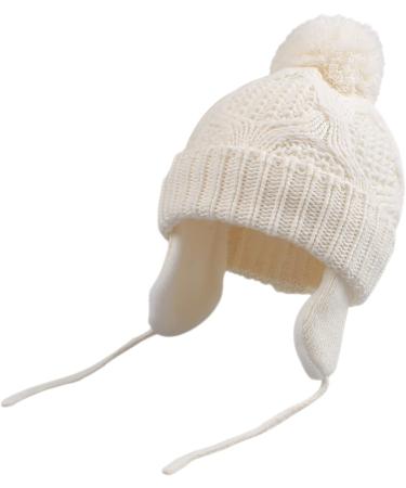 Pesaat Knitted Baby Winter Beanie Earflap Hat | Fleece Lined with Pompom | 2-5 Years White - Buy Online on GoSupps.com