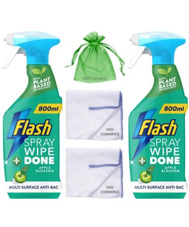Flash Sparkling Home Spray Wipe Done 800ml Antibacterial Multi-Surface Cleaner Apple Blossom Scent 2 Pack + 2 x Cleaning Cloth + Organza Small Bag - Buy Online on GoSupps.com