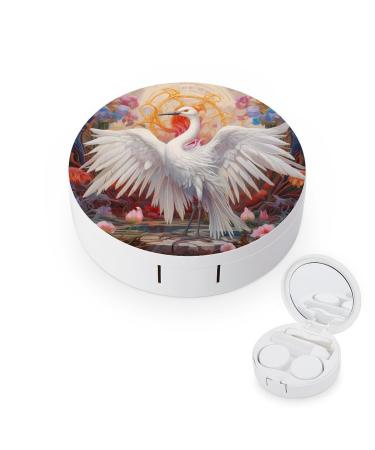 White Crane Contact Lens Case with Mirror Portable Cute Eye Contact Lens Box Travel Kit