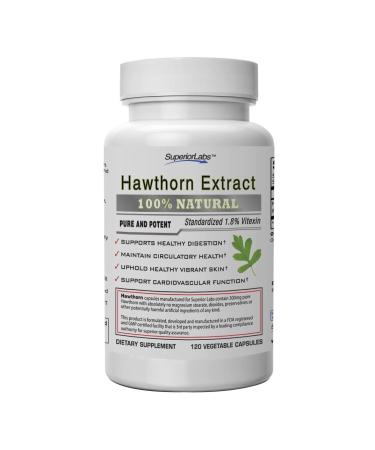 Superior Labs  Best Hawthorn Vitamin Supplement NonGMO, Non Synthetic  300 mg Dosage, 120 Vegetable Capsules  Powerful Antioxidant  Healthy Digestion  Circulatory & Cardiovascular Health