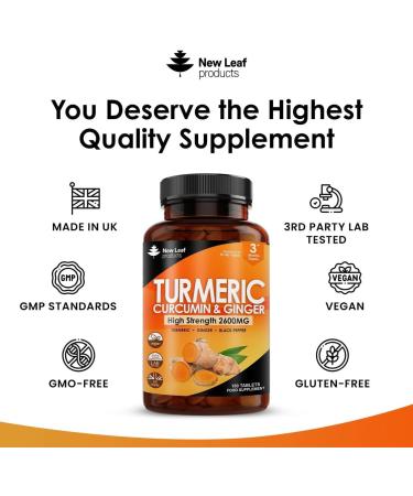 Turmeric Tablets 2600mg with Black Pepper & Ginger - 95% Curcumin Extract -180 Tablets (3 Months) High Strength Active Turmeric Supplements Not Turmeric Capsules by New Leaf - Buy Online on GoSupps.com