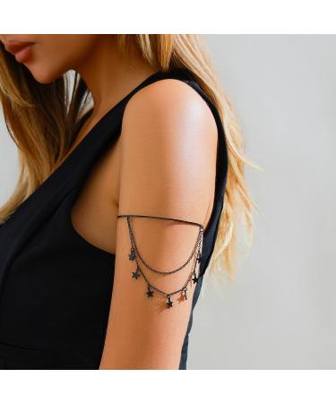 Stars Pendant Layered Tassels Armlet - Stylish Open Cuff Upper Arm Jewelry for Women | Black Stars Party Accessory - Buy Online on GoSupps.com