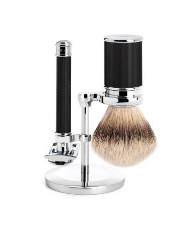 M HLE Traditional shaving set - safety razor shaving brush with silvertip badger hair and holder - handles made of black precious resin