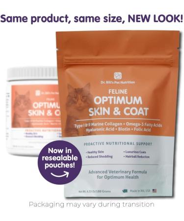 Feline Optimum Skin & Coat (180g) - Reduce Shedding and Hairballs for Healthy Fur | Biotin, Marine Collagen, Omega-3, Hyaluronic Acid, Folic Acid - Buy Online on GoSupps.com