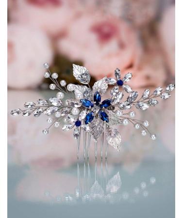 Aimimier Bridal Sapphire Crystal Hair Comb Pearl Blue Crystal Leaf Marquise Hair Piece Prom Party Festival Wedding Hair Accessories for Women and Girls (Silver)
