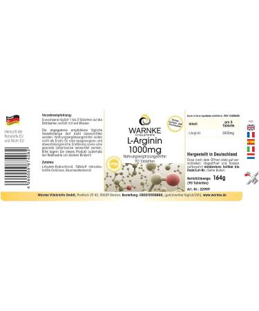 L-Arginine 1000mg Tablets | Magnesium Stearate Free | 90 Count | Warnke Vitalstoffe - Buy Online on GoSupps.com
