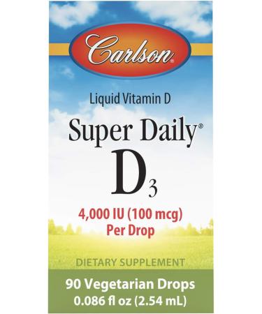Carlson - Super Daily D3 4,000 IU (100 mcg) per Drop, Vitamin D Drops, Liquid Vitamin D3, Unflavored, 90 Drops (2.54 mL) - Buy Online on GoSupps.com