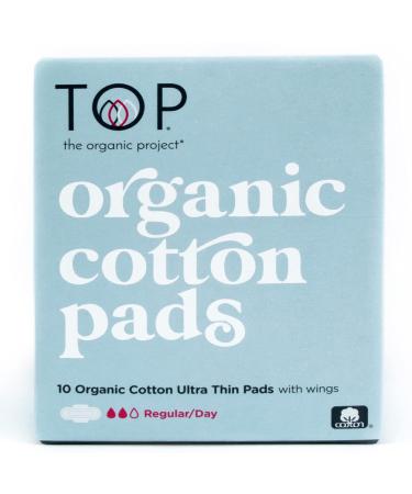 TOP: Certified Organic 100% Cotton Ultra Thin Regular (Day) Absorbent Pads w/Wings | Non-Toxic, Biodegradable (Natural Sanitary Napkin, Breathable, Unscented, Feminine Hygiene), 10 Ct Regular (Day) - 10 Count