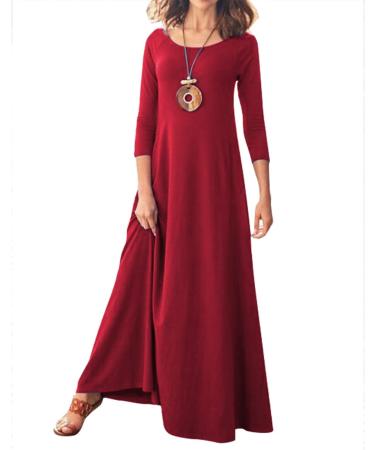 Jacansi Women's 3/4 Sleeve Maxi Dress, Boat Neck, Pockets, Wine Red - Buy Online on GoSupps.com