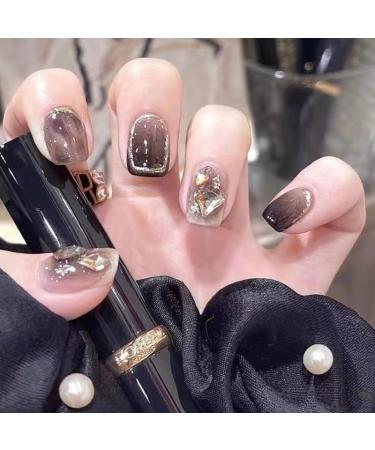 24Pcs/Set Press On Nails Short Black Gold Foil Diamond False Nails Acrylic Fake Nails Full Cover Nails Tips Artificial Finger Manicure Press on nails for Women and Girls