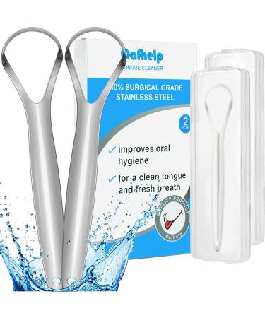 Cafhelp 2-Pack Tongue Scraper, 100% Useful Surgical Stainless Steel Tongue Cleaner for Both Adults and Kids, Professional Reduce Bad Breath Metal Tongue Scrapers, Help Your Oral Hygiene (with 2 cases)