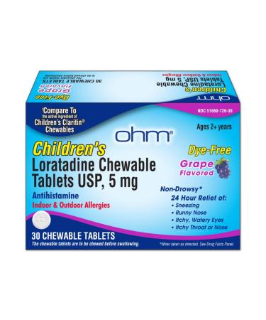 Ohm Children's Allergy Medicine Loratadine 5mg Chewable Tablets (30 Count) Grape Flavor Non-Drowsy Antihistamine 24-Hour Allergy Relief for Runny Nose Watery Eyes Itchy Throat & Nose 30 Count 30