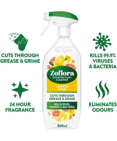 Zoflora Multi Purpose Disinfectant Cleaner Trigger Spray Cuts Through Grease and Grime 800 ml Lemon Zing Scent + for You: 1x Cleaning Wipe & Organza Small Bag - Buy Online on GoSupps.com