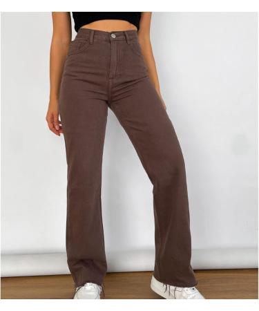 Soluo Womens Relaxed Fit Straight Jeans Retro Stretchy High Waisted Boyfriend Jean Distressed Washed Streetwear Denim Pants Brown 40 - Buy Online on GoSupps.com