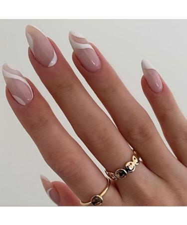 Justotry 24 PCs White SWIRL NAGE for sticking up Oval short glossy press on nails classic almond nail fake nails medium for nails species fingernails for gluing 921white & swirl9