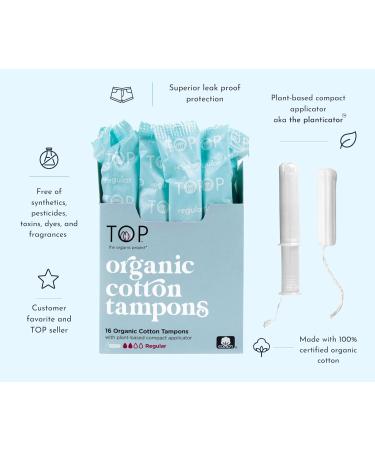 TOP Organic Regular Tampons - 100% Pure Cotton, Unscented, Chemical-Free, Plant-Based Applicator - 16 Count (Pack of 1) - Buy Online on GoSupps.com