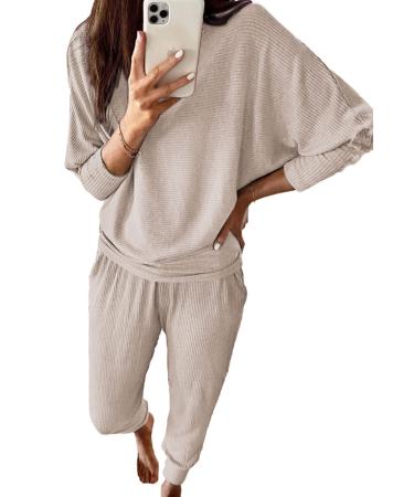 PRETTYGARDEN Women's 2023 Fall Fashion Outfits 2 Piece Sweatsuit Solid Color Long Sleeve Pullover Long Pants Tracksuit Apricot Medium