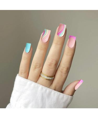 Short Nude Wavy Fake Nails - 24Pc Square Full Cover Acrylic Nails with Glue for Women & Girls - Buy Online on GoSupps.com