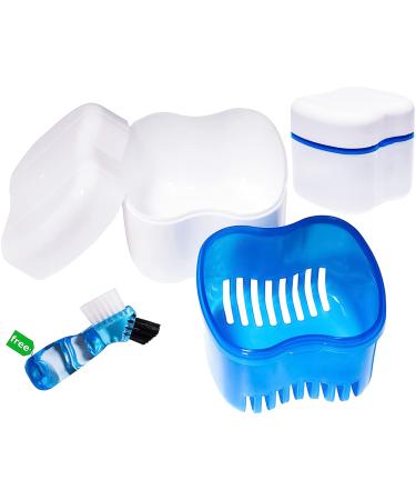 Denture Brush Retainer Case, Denture Case,Denture Cups Bath,Dentures Container with Basket Denture Holder for Travel,Mouth Guard Night Gum Retainer Container (Blue)