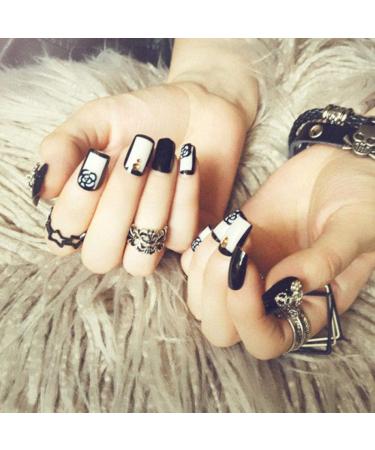 Hujl 24-Piece Bling Bowknot Punk Black & White Artificial Nails Set | Easy Full Lid Nail Art for Stunning Looks - Buy Online on GoSupps.com