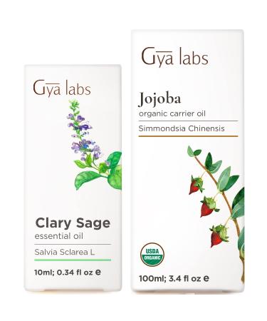 Clary Sage (0.34 fl oz) & Jojoba Carrier Oil (3.4 fl oz) Set - Aromatherapy Grade Essential Oils Set - Gya Labs