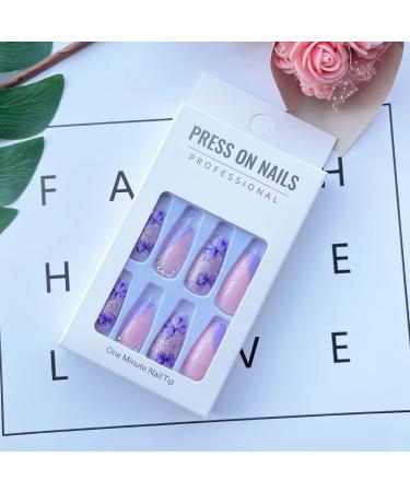 Medium Length Square Coffin Nude Fake Nails with Purple Butterfly 3D Rhinestones - 24Pcs - Buy Online on GoSupps.com